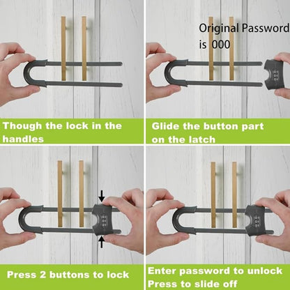 4 Pack Child Proof Sliding Cabinet Door Code Locks Baby Safety Cupboard Locks Adjustable U Shaped Cabinet Latches for Knob Handle Drawers Closet (4 PCS, Grey)
