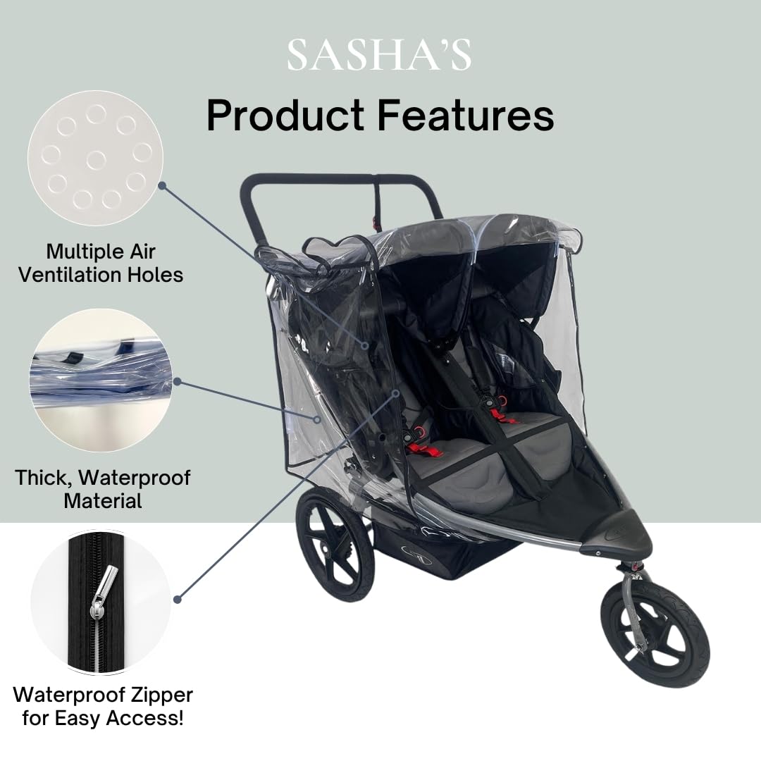 SASHA'S Rain Cover for BOB Gear Duallie Double Jogging Strollers, Zipper Access, Maximum Coverage, Weather Shield (Jogger not Included)