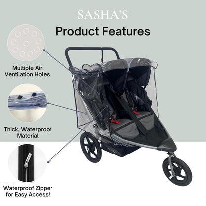 SASHA'S Rain Cover for BOB Gear Duallie Double Jogging Strollers, Zipper Access, Maximum Coverage, Weather Shield (Jogger not Included)