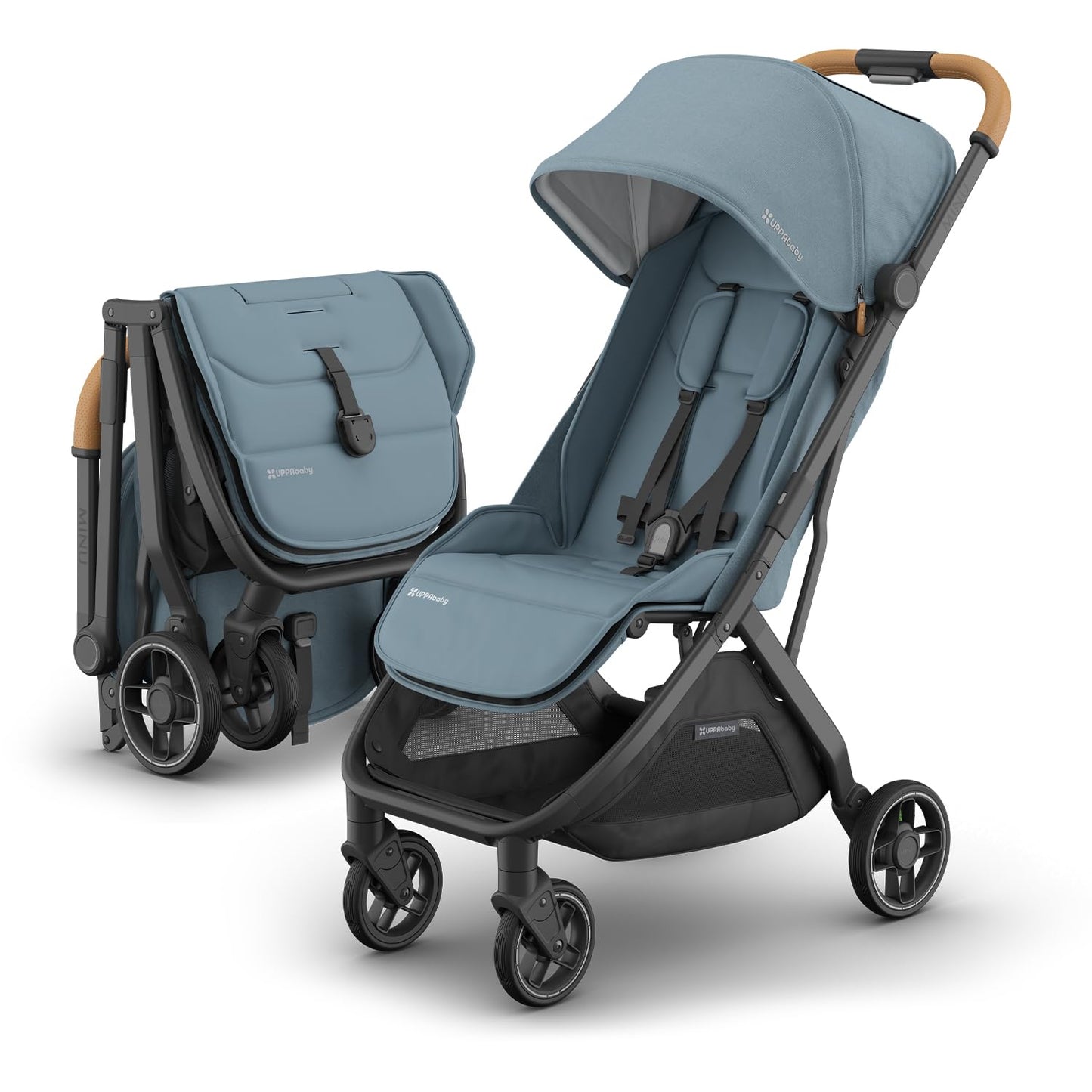 UPPAbaby Minu V3 Travel Stroller | Lightweight + Compact Design | One-Hand Fold + Unfold | from Birth + Overhead Compatible | Evelyn (Meadow Green/Carbon Frame/Chestnut Leather)