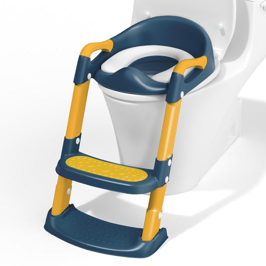 COOSEYA Potty Training Toilet with Step Stool Ladder, Toddler Kids Potty Training Seat for Boys Girls, Foldable Anti-Slip Toilet Toddler Seat Splash Guard Soft Cushion Safety Handles (Grey)