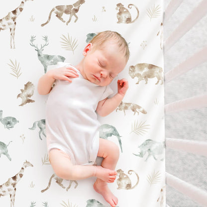 GRSSDER Stretch Ultra Soft Jersey Knit Fitted Pack n Play Playard Sheets Set 2 Pack，Fits Portable/Mini Cribs Sheets, Playards Mattress Pads, Stylish Watercolor Animals for Baby, Mint Green