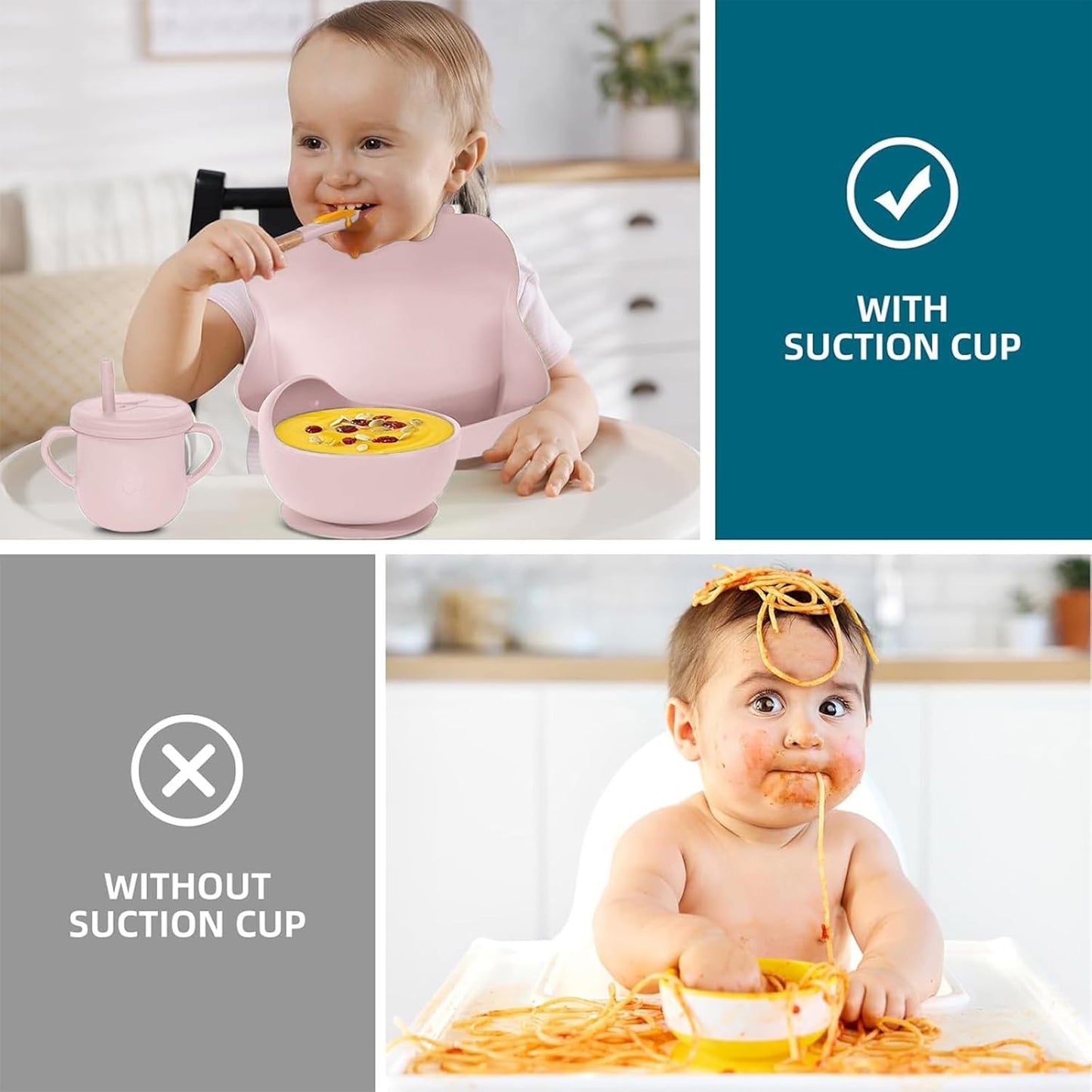100% Silicone Baby Feeding Set, BPA Free Baby Dishes with Suction Bowl, Divided Plate, Toddler Self Feeding Dish Set with Spoons, Forks, Sippy Cup and Bib, Baby Eating Utensils (Navy Blue)