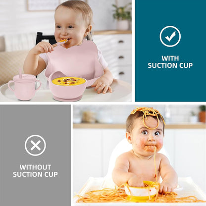 100% Silicone Baby Feeding Set, BPA Free Baby Dishes with Suction Bowl, Divided Plate, Toddler Self Feeding Dish Set with Spoons, Forks, Sippy Cup and Bib, Baby Eating Utensils (Navy Blue)