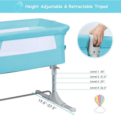 BABY JOY Baby Bedside Crib, Portable Travel Sleeper Bed Side Bassinet w/Carrying Bag, Newborn Bassinet to Infant, Kids Crib with Detachable Mattress, Height Adjustable Design, Breathable Mesh, Grey