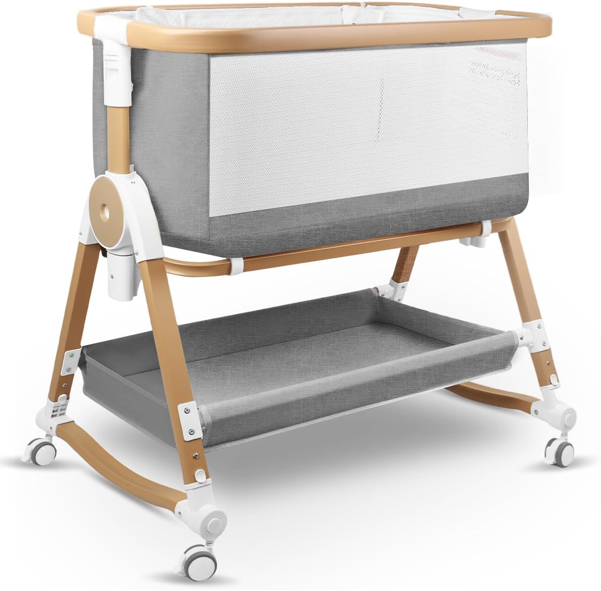 suihuooo 4 in 1 Baby Bassinet, Bassinets Bedside Sleeper with Wheels and Storage Basket, Adjustable 7 Heights Bedside Sleeper with Mosquito Net, Breathable Mesh Rocking Bassinet for Baby