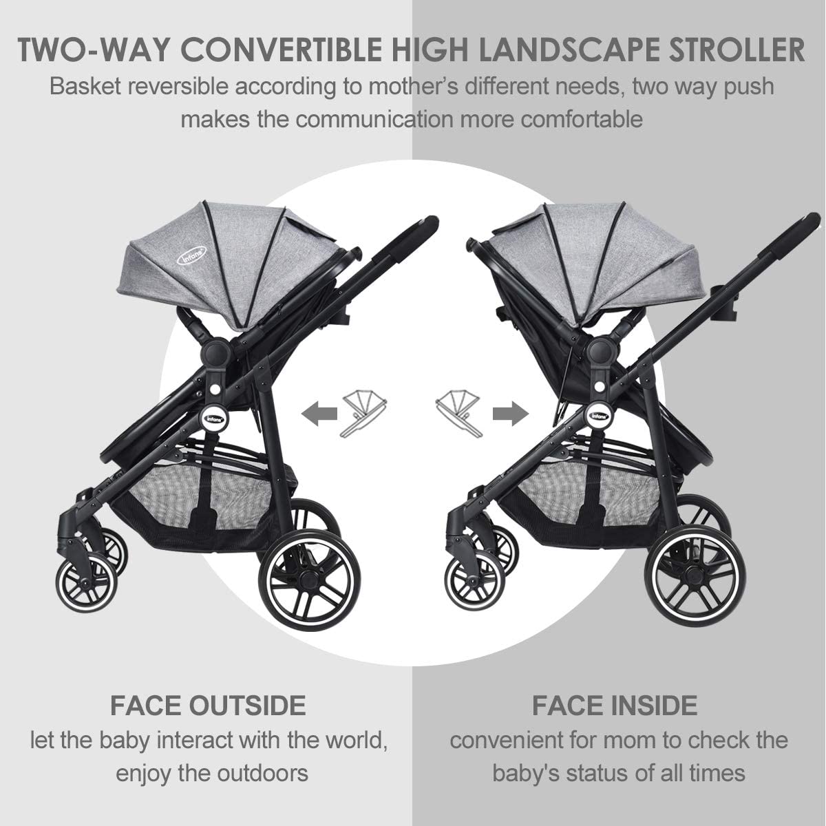 INFANS 2 in 1 Baby Stroller, High Landscape Infant Stroller & Reversible Bassinet Pram, Foldable Pushchair with Adjustable Canopy, Storage Basket, Cup Holder, Suspension Wheels (Black)