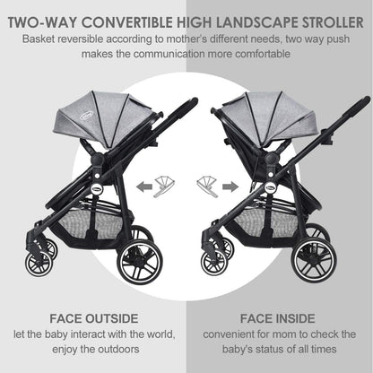 INFANS 2 in 1 Baby Stroller, High Landscape Infant Stroller & Reversible Bassinet Pram, Foldable Pushchair with Adjustable Canopy, Storage Basket, Cup Holder, Suspension Wheels (Black)