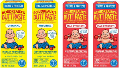 Boudreaux’s Butt Paste Diaper Rash Ointment, Baby Rash Cream Skin Protectant, Fast Relief, Soothing Barrier Cream, Original, Maximum Strength, 2 Ounce Tube (Variety Pack of 2)