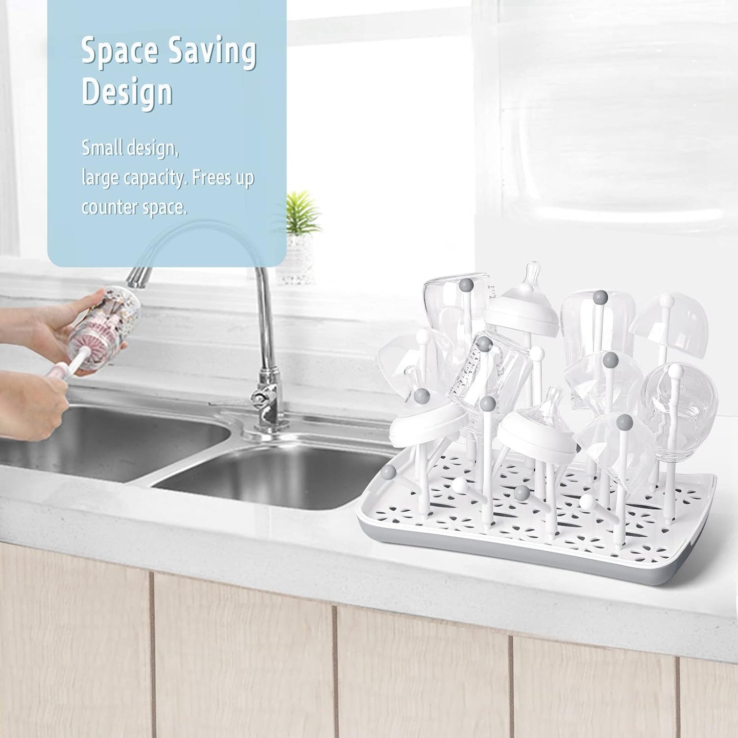 Baby Bottle Drying Rack with Tray, Termichy High Capacity Bottle Dryer Holder for Bottles, Teats, Cups, Pump Parts and Accessories, Gray