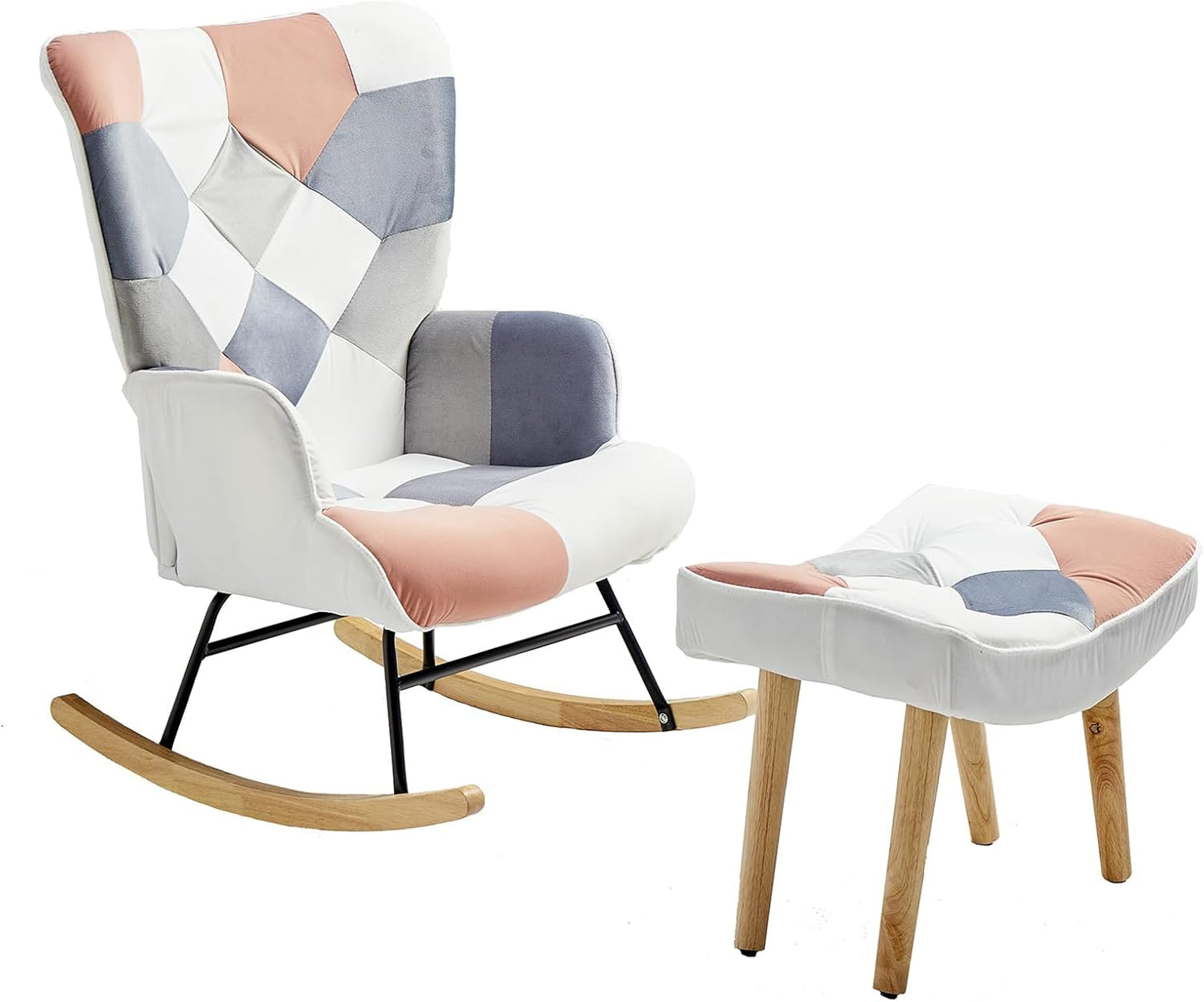 Nursery Rocking Chair, Baby Toddler Glider Rocker with Ottoman, Comfy Accent Chair, for Bedroom Living Room Small Spaces, Patchwork Linen, Colorful