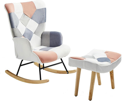 Nursery Rocking Chair, Baby Toddler Glider Rocker with Ottoman, Comfy Accent Chair, for Bedroom Living Room Small Spaces, Patchwork Linen, Colorful