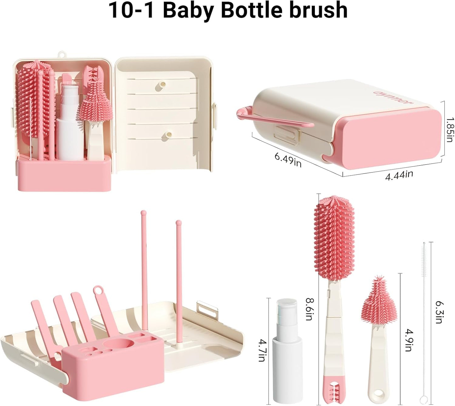 Aynmer Baby Bottle Brush, 10 in 1 Travel Baby Bottle Cleaner Brush Set with Silicone Brush, Nipple Brush, Straw Brush, Soap Dispenser, Portable Drying Rack, Breast Pump & Bottle Cleaning Kit - Pink