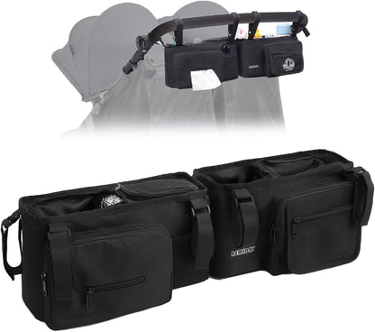 Double Stroller Organizer Compatible with BOB Duallie and Baby Jogger City Mini GT2 Double Stroller, Double Baby Stroller Accessories with 2 Cooler Pockets , Black(Empty Bag)