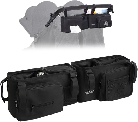 Double Stroller Organizer Compatible with BOB Duallie and Baby Jogger City Mini GT2 Double Stroller, Double Baby Stroller Accessories with 2 Cooler Pockets , Black(Empty Bag)
