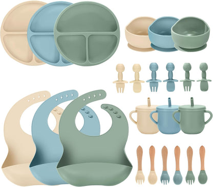 24 PCS Silicone Baby Feeding Set, Baby Led Weaning Supplies Includes Suction Bowls and Divided Plates, Adjustable Silicone Bib, Spoons&forks, Training cup with straw (Green+Brown+Beige)