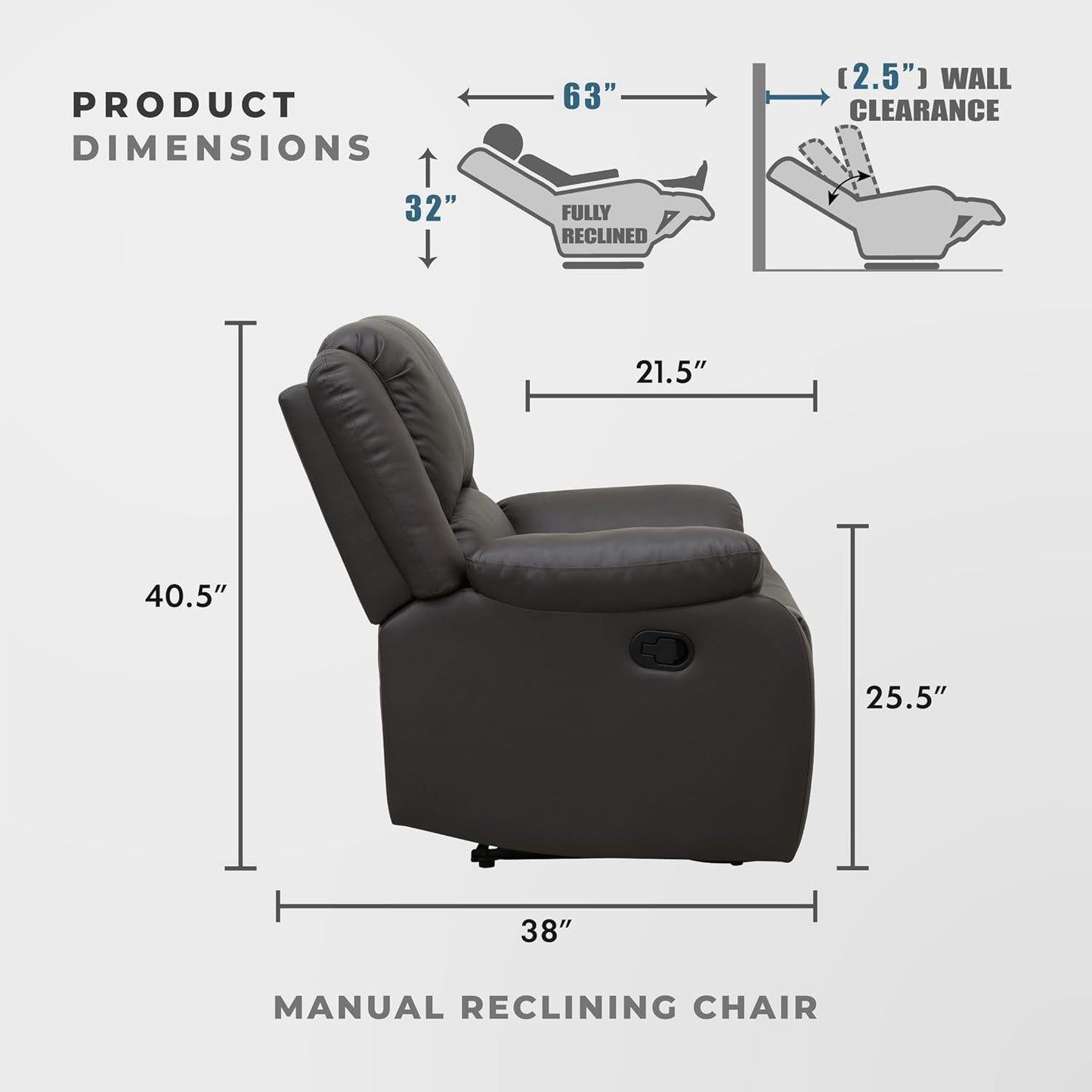 Lexicon Manual Glider Recliner Sofa Chair, Home Theater Seating, Wall Hugger Manual Reclining Nursery Chair for Bedroom/Living Room/Office/Apartment, Grey Chenille