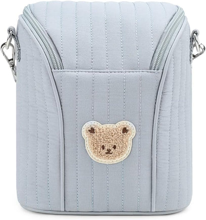 Lmbabter Embroidered Bear Stroller Organizer Tote Bag, Bottle Insulation Pouch, Portable Cooler Storage Essential for Milk/Breast Pump,Baby Travel Supplies (Black)