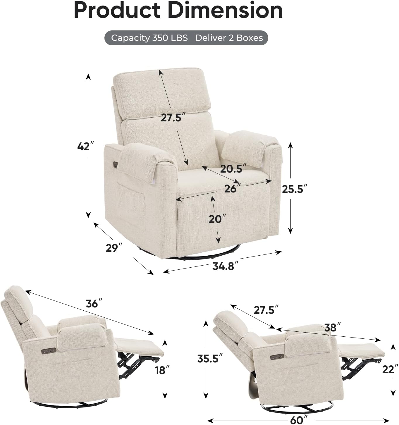 Oversized Power Rocker Recliner Chair, 26" Extra Wide Swivel Recliner with Adjustable Headrest, Chenille Glider Rocking Nursery Chair with Overstuffed Armrest, USB Ports, Cream