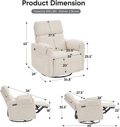 Oversized Power Rocker Recliner Chair, 26" Extra Wide Swivel Recliner with Adjustable Headrest, Chenille Glider Rocking Nursery Chair with Overstuffed Armrest, USB Ports, Cream