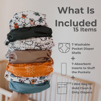 Nora's Nursery Cloth Diapers 7 Pack with 7 Inserts & 1 Wet Bag - Waterproof Cover, Washable, Reusable & One Size Adjustable Pocket Diapers for Newborns and Toddlers - Delilah