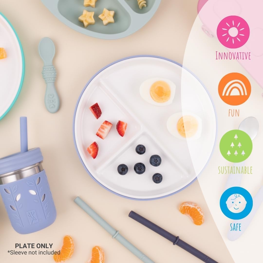 Elk and Friends Kids 7.8” Porcelain Divided Plates with Silicone Sleeves | Suitable for Babies/Kids/Toddlers | Microwave & Dishwasher Safe | Non Slip | Snack Dishes