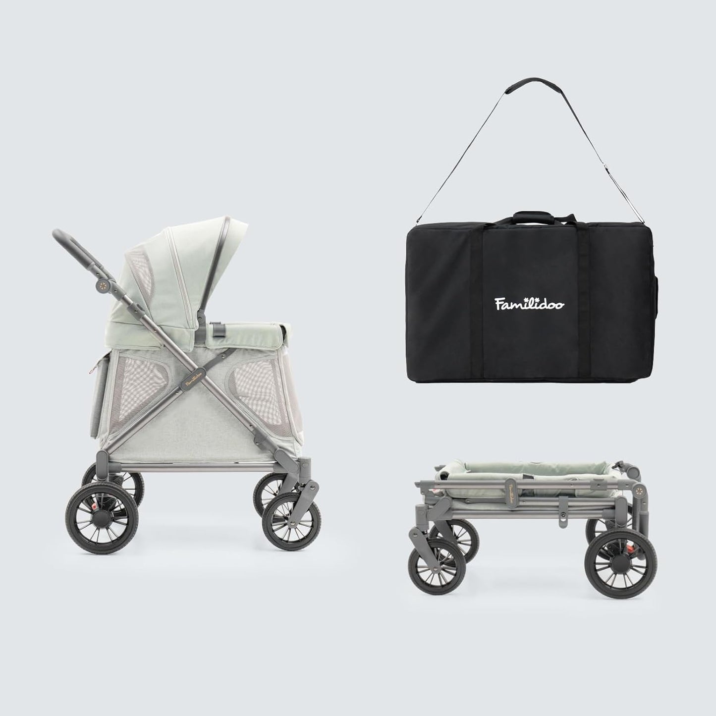 Familidoo Q1 Multi-Use Kids Wagon Stroller – Foldable, Lightweight & All-Terrain for Kids & Pets – 5-Point Safety Harness, Rain Cover & Compact Travel Design – Supports Up to 132 lbs (Sage Green)