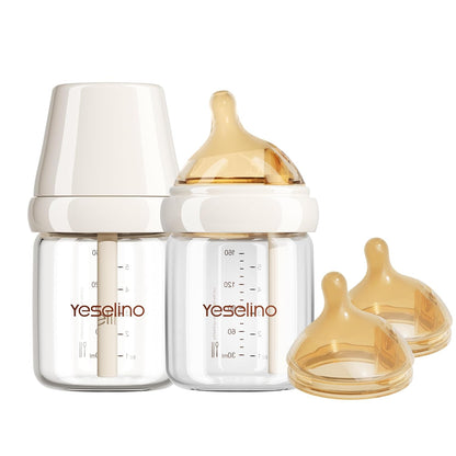 Natural Nursing Glass Baby Bottle - with Anti-Colic Vent System - BPA-Free, 3 oz with Slow Flow Nipple, 0-6 Months, 2 Pack (Includes 4pcs Nipples)
