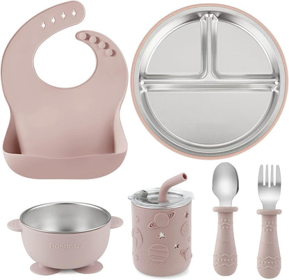 PandaEar 6-in-1 Stainless Steel Baby Feeding Set | Divided Suction Plate, Bowl, Sippy Cup with Straw, Bib, Spoon & Fork | BPA-Free Toddler Feeding Essentials for Self-Feeding (Blue)