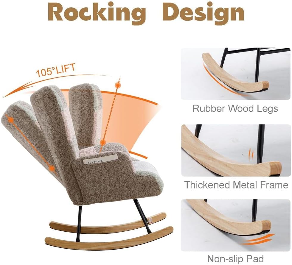 Nursery Rocking Chair Teddy Upholstered Glider Rocker Rocker Accent Chair with High Backrest Armchair Comfy Side Pocket Modern Rocking Accent Chairs for Living Room, Nursery, Office-Green