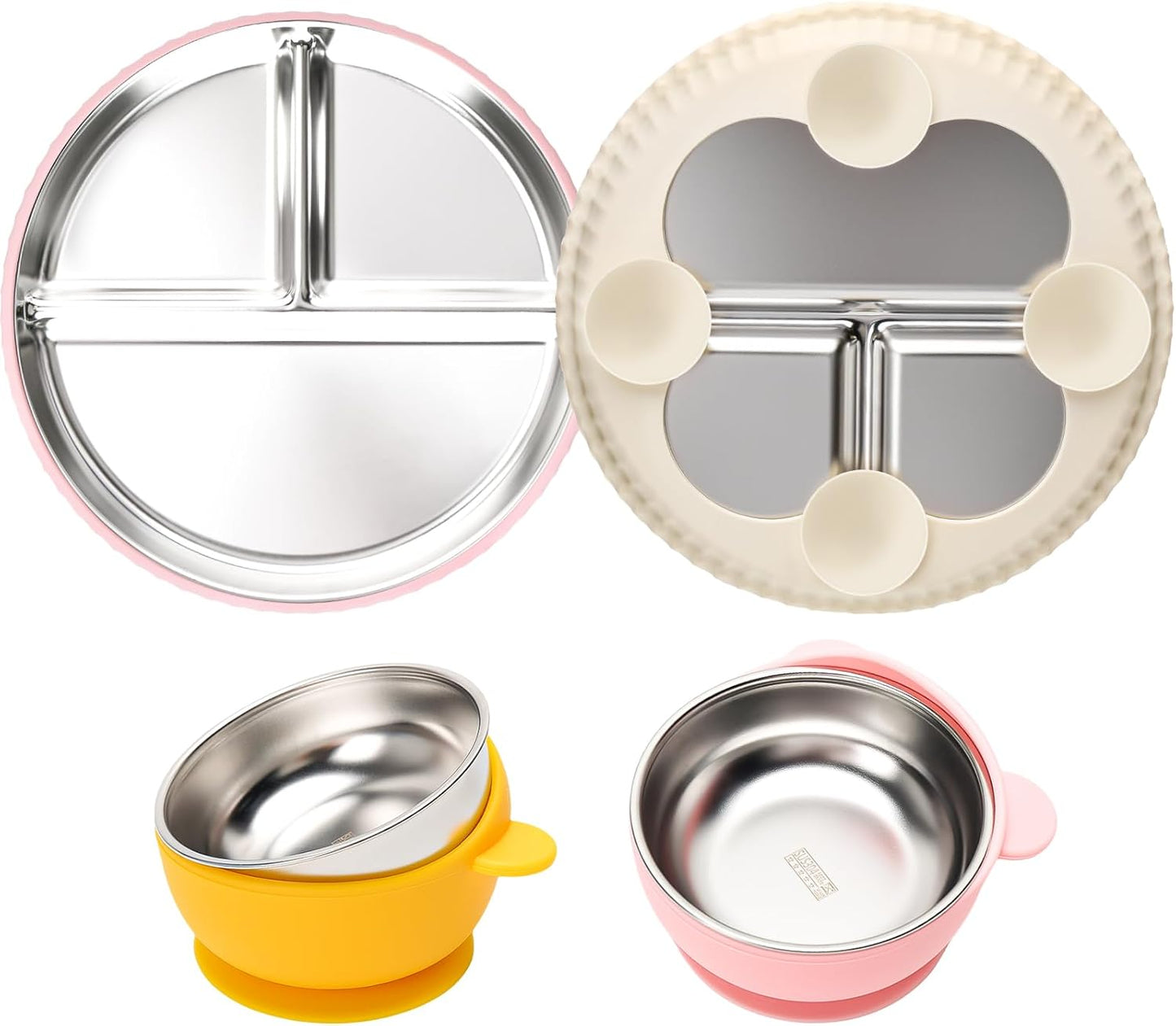 MISSLILI Stainless Steel Baby Plate and Bowls with Suction, Divided Kids Baby Plate and Toddler Bowl with Removable Silicone Suction, Non-Slip Baby Feeding Set Dishwasher Safe，4 Packs