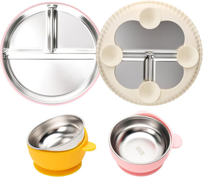 MISSLILI Stainless Steel Baby Plate and Bowls with Suction, Divided Kids Baby Plate and Toddler Bowl with Removable Silicone Suction, Non-Slip Baby Feeding Set Dishwasher Safe，4 Packs