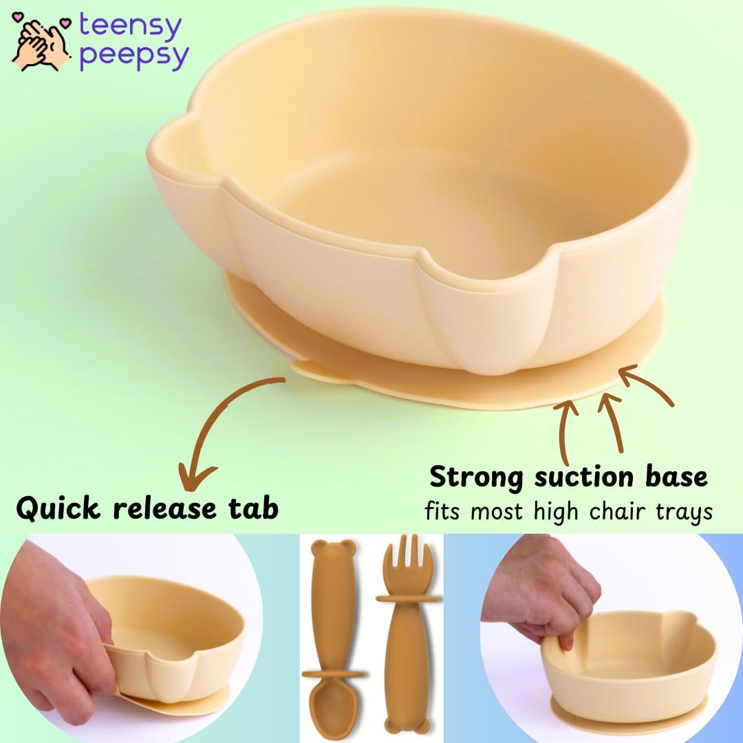 Silicone Bear Shaped Baby Bowl with Suction, Spoon & Fork for Babies 6+ Months, Infant Feeding BLW Baby Essentials Must Haves, BPA Free, Dishwasher Safe (Very Bear)