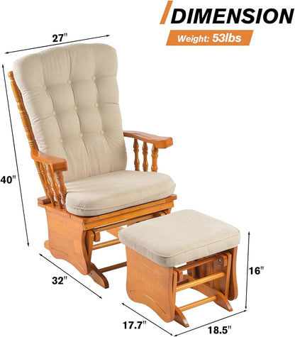 Glider Rocking Chair with Ottoman Set, Solid Wood Nursery Glider Rocker with Padded Cushion, High Back Upholstered Swivel Glider for Living Room, Nursing, Reading, 280LBS Weight Capacity,Oak+Khaki