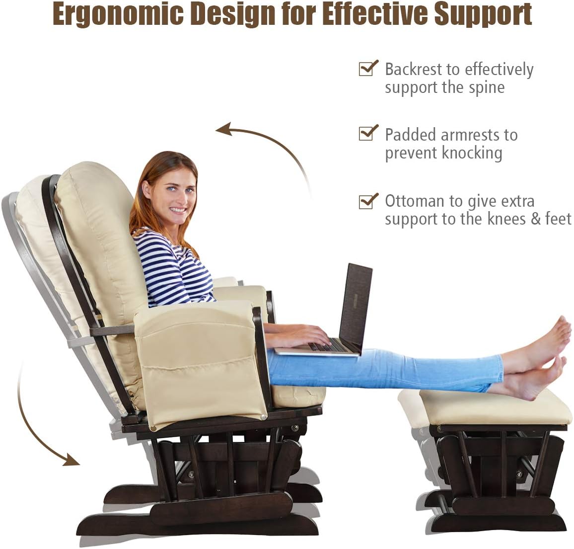 Costzon Nursery Glider with Ottoman, Upholstered Comfort Glider Rocker with Padded Cushion, Storage Pocket, Solid Wood Base, Rocking Chair Nursery for Breastfeeding, Napping (Light Gray)