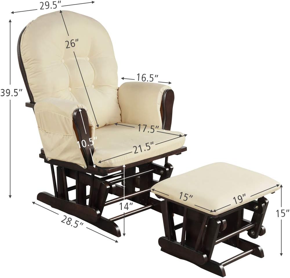 Costzon Nursery Glider with Ottoman, Upholstered Comfort Glider Rocker with Padded Cushion, Storage Pocket, Solid Wood Base, Rocking Chair Nursery for Breastfeeding, Napping (Light Gray)
