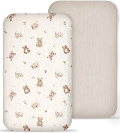 Muslin Bedside Bassinet Sheets 2 Pack, 33x20 Fitted Ultra Soft & Breathable Bedside Sleeper Sheets, Ideal for Baby Girl and Boy, Perfect for Newborns (Hopping Bunnies & Beige)