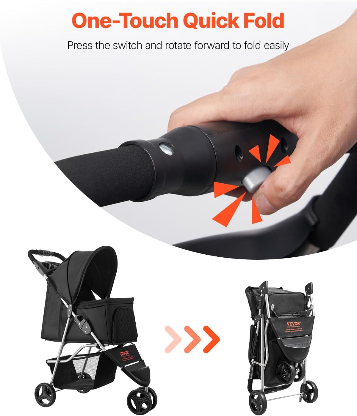 VEVOR Pet Stroller, 44 lbs Weight Capacity, Foldable Dog Cart, 4 Wheels Cats Stroller with Mesh Windows & Revrsible Handle, Portable Pet Carrier with Brake, for Small to Medium Pets