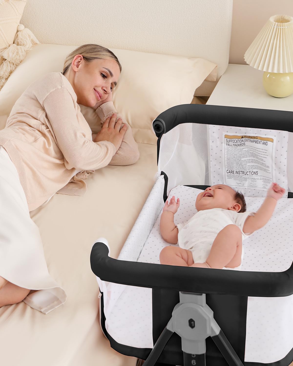 Bedside Bassinet for Baby, 3 in 1 Breathable Mesh Baby Bassinet, 6 Height Adjustable, Easy to Assemble, Bassinet Bedside Sleeper with Wheels, Mosquito Net, Storage Basket, Bassinets for Newborn Baby | Multi-functional