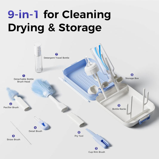Bottle Brush Set, 9-in-1 Bottle Cleaner Kit, Includes Bent Neck Bottle Brush, Nipple Cleaning Brush, Straw Brush, Soap Dispenser, Pry Tool, Storage Case & Drying Rack, Baby Travel Essentials