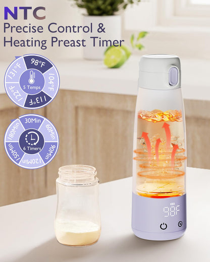 Portable Bottle Warmer for Breastmilk: Baby Milk Warmer with Smart Touch LED Temperature Control | Food-Grade Cordless On the Go Heating Bottle - 5 Mins Quick Milk Heating & Water 12 Ounces