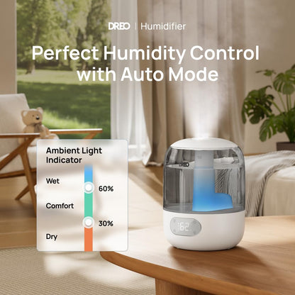 DREO Humidifiers for Bedroom, 3L Top Fill 30H & 26dB Quiet Runtime for Large Room, Cool Mist Ultrasonic Humidifier with Humidity Sensor, Night Light for Home, Baby, Nursery, Plants, New Edition