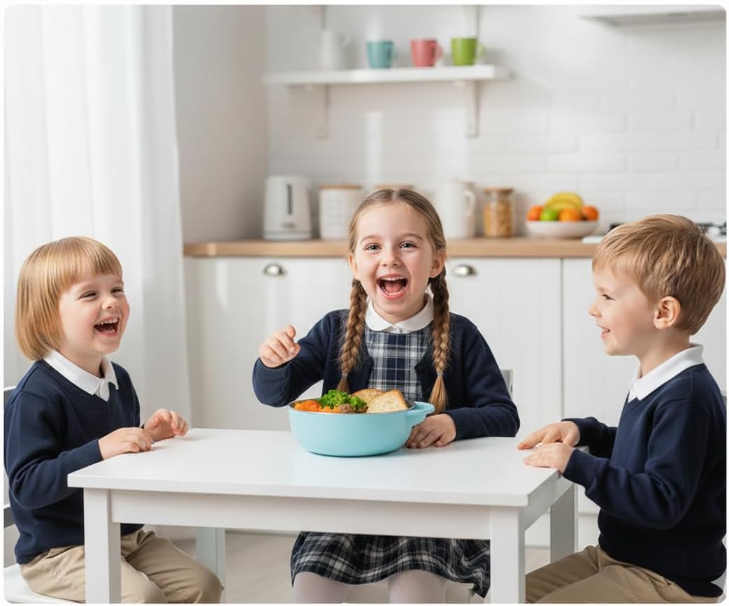 I love D&M Baby Toddler Food-Grade 316 Stainless Steel Bowl with Insulated Lid Strong Suction Leak-Resistant BPA Free Easy to clean (no utensil, Placid Blue)