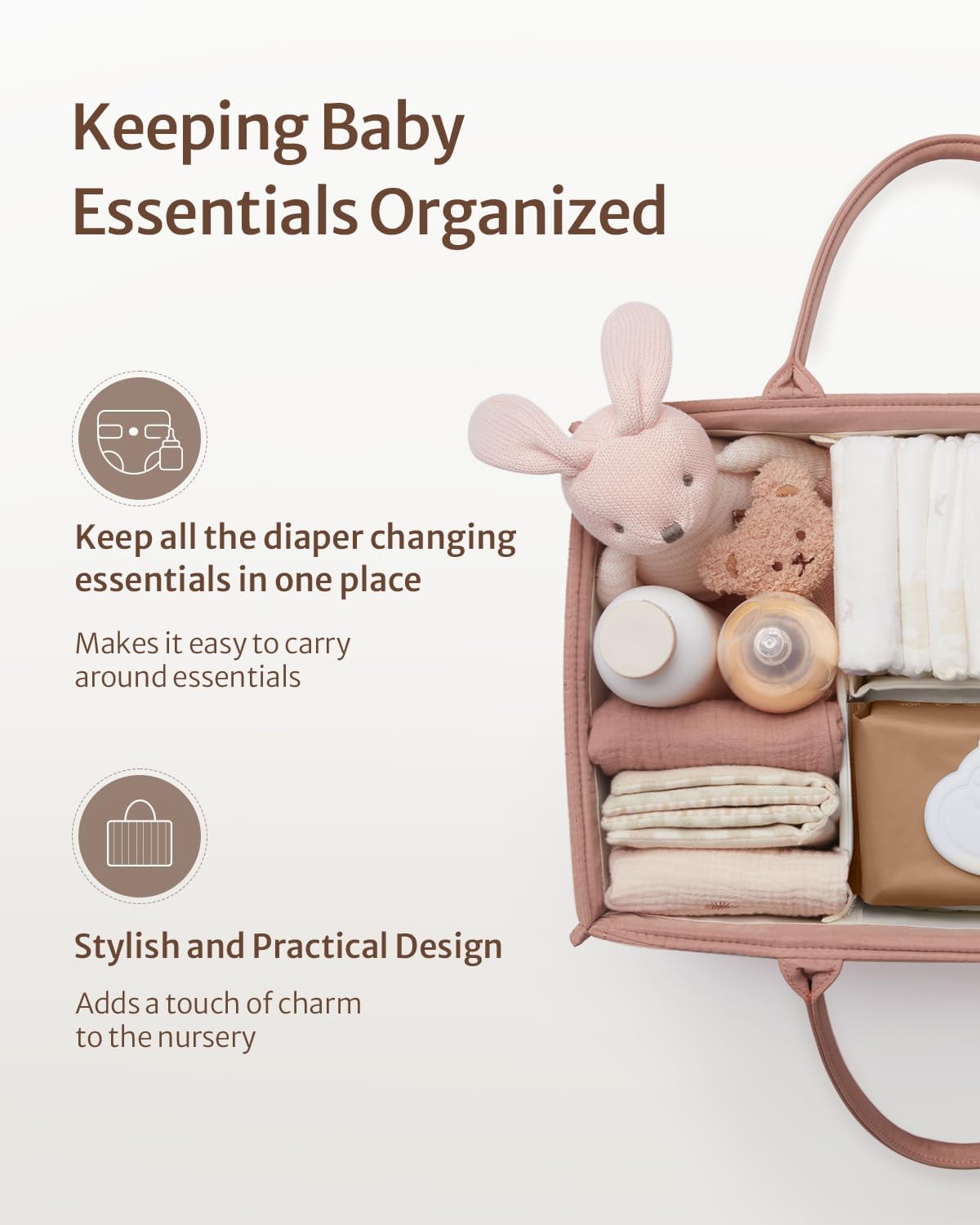 Blissful Diary Baby Diaper Caddy Organizer, Stylish Storage Basket for Newborn Essentials and Diaper Station, Gift for Baby Shower and Registry Must-Have, Mocha Brown
