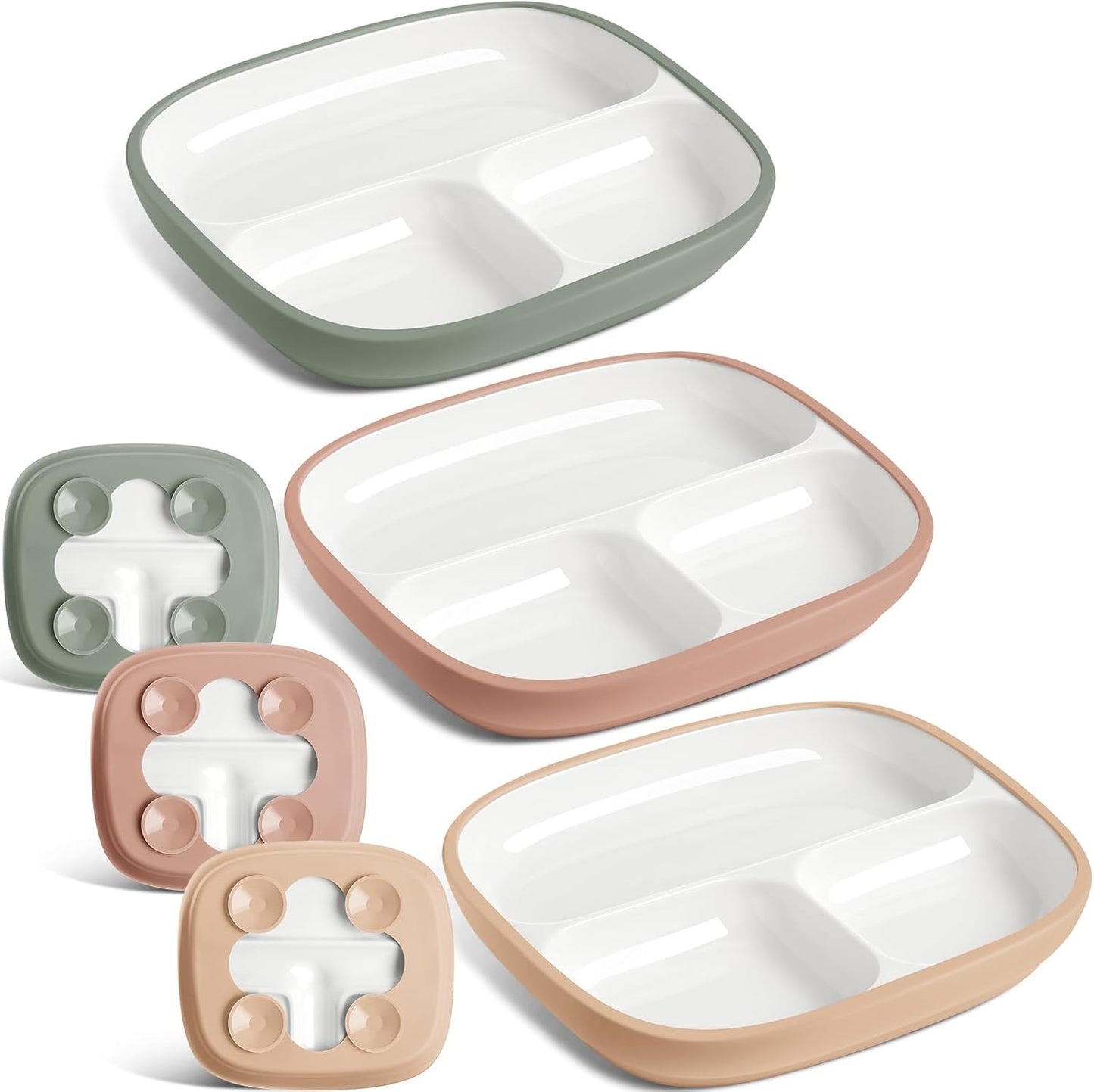 Domensi Kids Porcelain Plates with Silicone Sleeves 8.2 Inch Divided Porcelain Plate Toddler White Suction Dishes for Baby Troubleless Eating Microwave Dishwasher Safe(Stylish,3 Set)