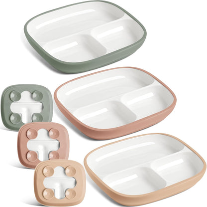 Domensi Kids Porcelain Plates with Silicone Sleeves 8.2 Inch Divided Porcelain Plate Toddler White Suction Dishes for Baby Troubleless Eating Microwave Dishwasher Safe(Stylish,3 Set)