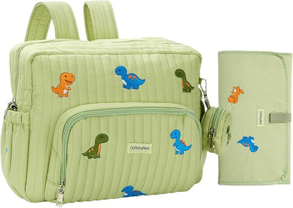 GOBABYMART Diaper Bag Backpack with Changing Pad - Travel Baby Bag, Insulated Bottle Pockets, Stroller Straps (Medium - Green Dinosaurs)