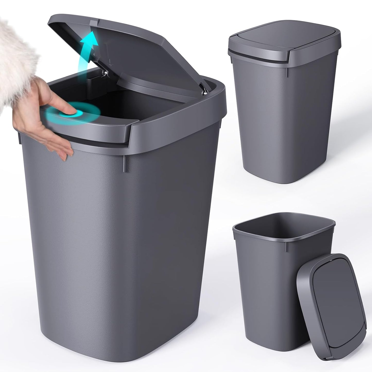 CEROELDA 3 Pack Bathroom Trash Can with Lid, 10L/2.6 Gal Small Garbage Can with Press Top Lid, Slim Plastic Waste Basket for Toilet, Office, Bedroom (Muti 1)