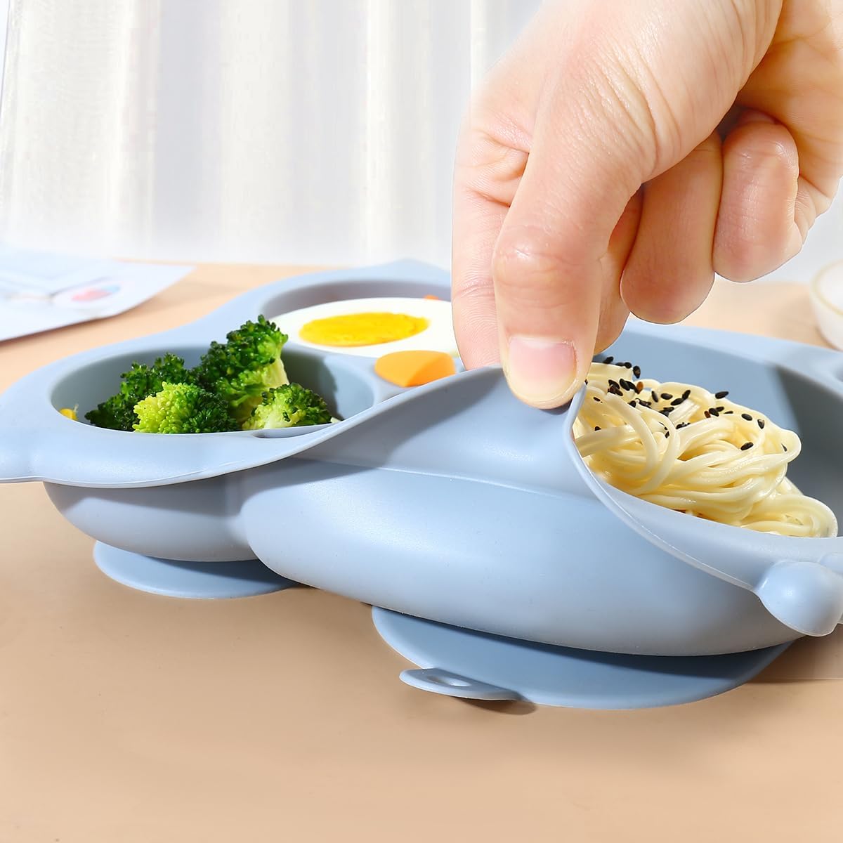 PandaEar Toddler Suction Plates, Stay Put Divided Baby Plates, Owl Shape BPA-Free 100% Food-Grade Silicone Unbreakable Baby Plate, Baby Feeding Supplies (Blue)