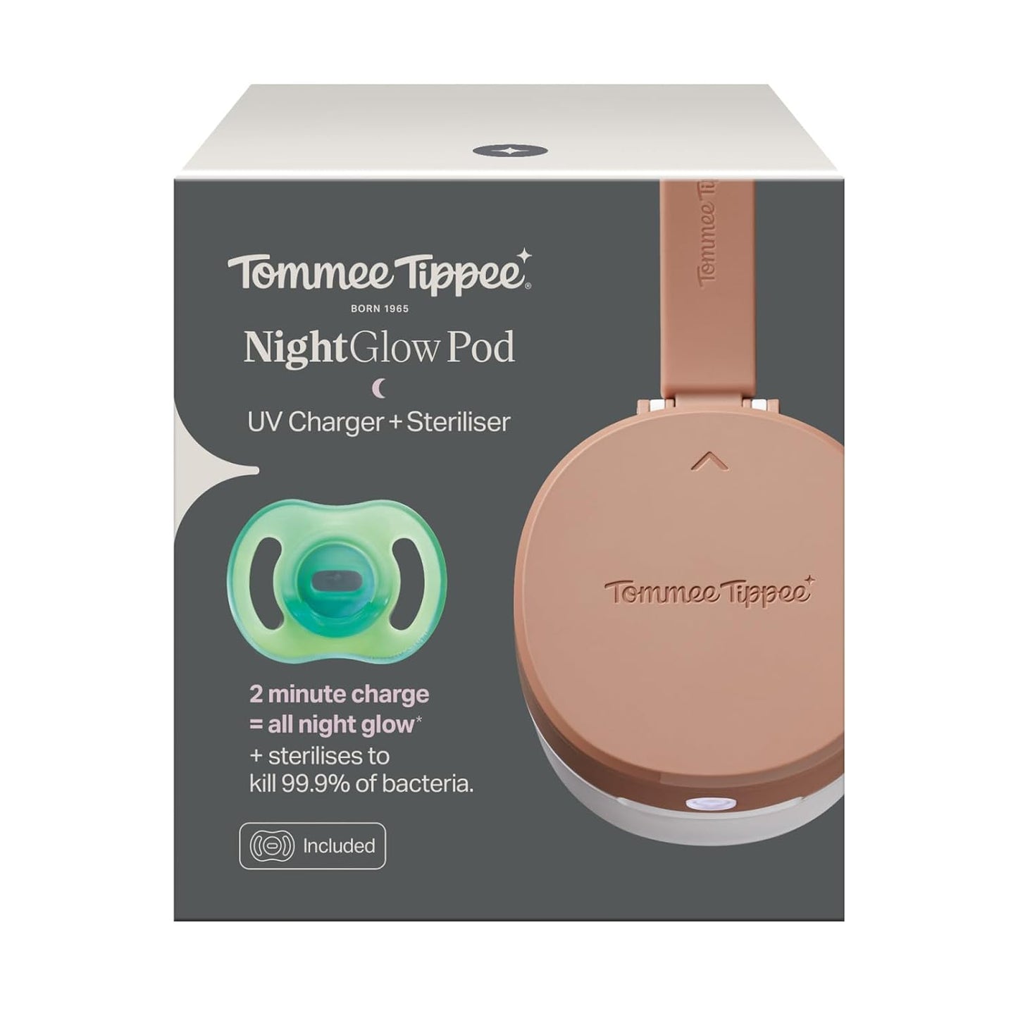 Tommee Tippee NightGlow Pod with 0-6 Month Ultra-Light NightGlow Pacifier, Charge Glow in the Dark Pacifiers in 2 Minutes, Portable UVC Paci Sterilizer, Adjustable Strap, AA Battery or USB Powered